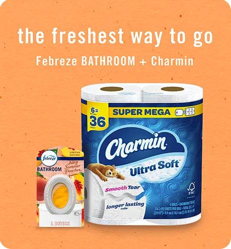 Bathroom juicy summer peaches. The freshest way to go, Febreze Bathroom + Charmin