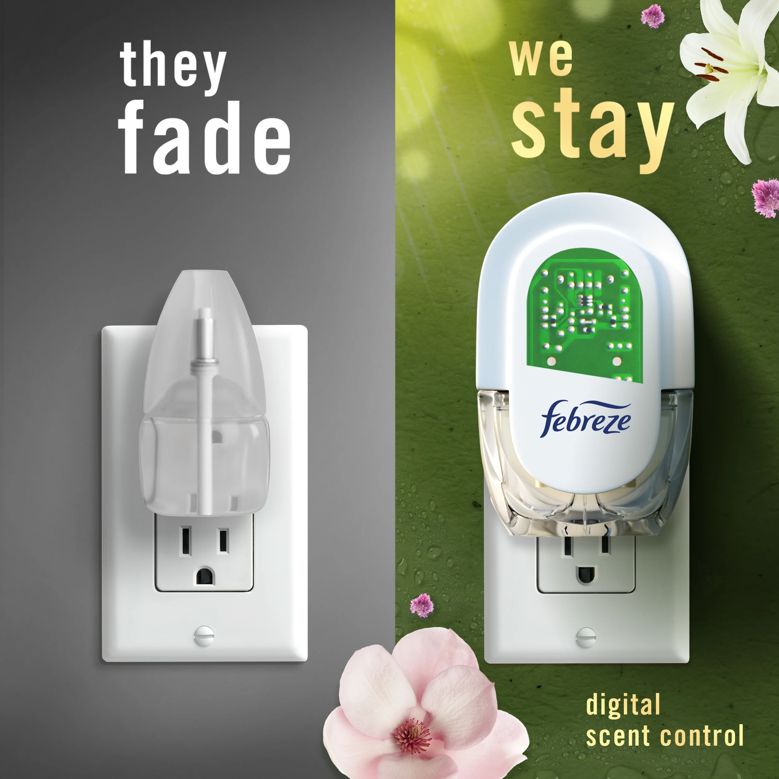 Plug Side By Side brand comparison Morning Spring Showers, they fade, we stay.