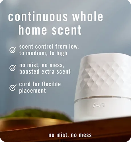 Continuous whole home scent. Scent control from low, to medium, to high. No mist, no mess, boosted extra scent. Cord for extra placement.