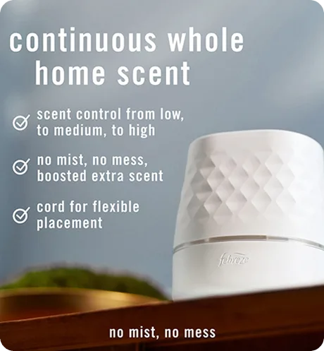 Continuous whole home scent. Scent control from low, to medium, to high. No mist, no mess, boosted extra scent. Cord for extra placement.