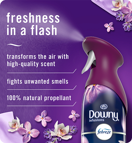 Air Downy Calm freshness in a flash. Transforms the air with high-quality scent, fights unwanted smells, 100% natural propellant.