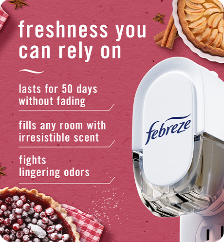 Plug Baked Cinnamon Apple freshness you can rely on: lasts for 50 days without fading, fills any room with irresistible scent, fights lingering oders.
