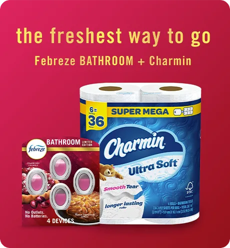 Holiday Double. The freshest way to go, Febreze Bathroom + Charmin