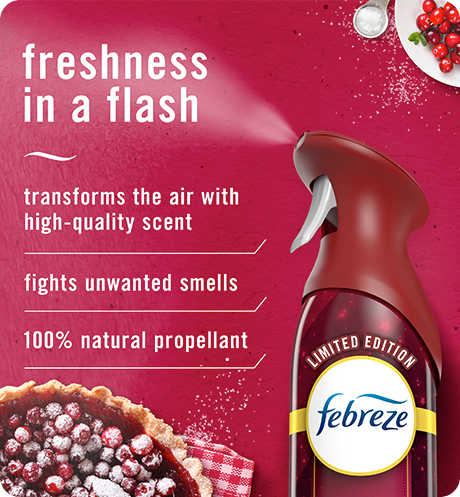 Air Cranberry Crumble freshness in a flah transforms the air with high-quality scent, fights unwanted smells, 100% natural propellant.