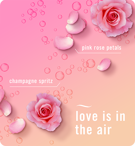 Romance & Desire, pink rose petals, champagne spritz, love is in the air