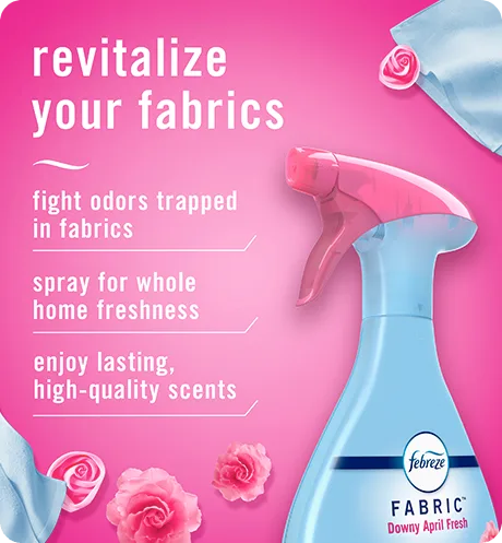 FABRIC Downy April Fresh Fabric, revitalize your fabrics: fight odors trapped in fabrics, spray for whole home freshness, enjoy lasting, high-quality scents.