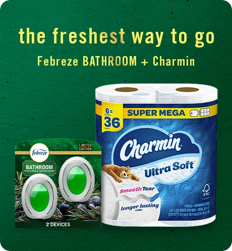 Bathroom White Pine & Juniper Berry The freshest way to go, Febreze Bathroom + Charmin