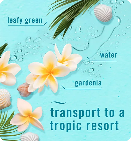 Transport to a tropic resort. Leafy green, water, gardenia.