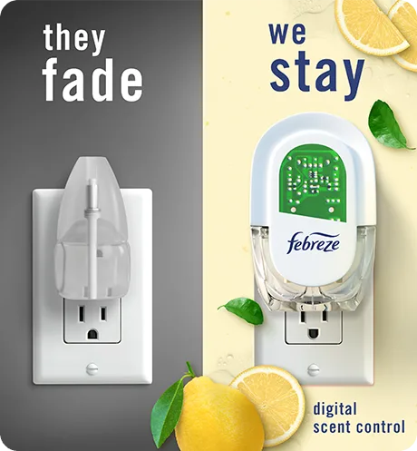 Plug Kitchen Odor Fighter side by side comparison, they fade, we stay with digital scent control.