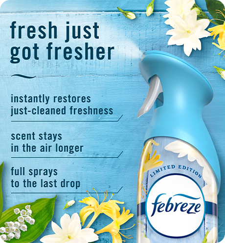 Air Jasmine. Fresh just got fresher. Instantly restores just-cleaned freshness. Super fine mist stays in the air longer. Full spray down to the last drop.