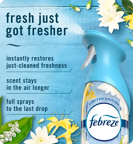 Air Jasmine. Fresh just got fresher. Instantly restores just-cleaned freshness. Super fine mist stays in the air longer. Full spray down to the last drop.