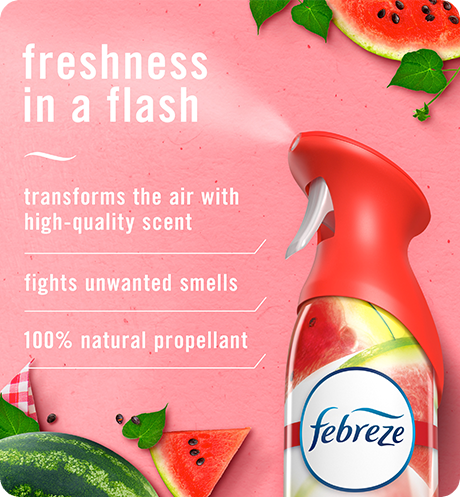 Air sweet Watermelon Vine freshness in a flash. Transforms the air with high-quality scent, fights unwanted smells, 100% natural propellant.