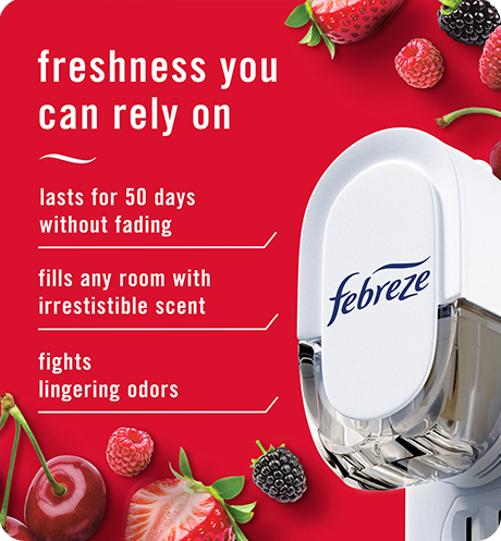 Febreze plug cherries and berries freshness you can rely on. Lasts for 50 days without fading. Fills any room with irresistible scent. Fights lingering odors.