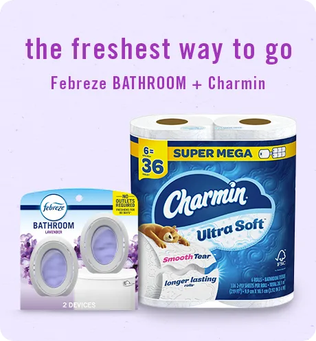 Bathroom Lavender the freshest way to go: Febreze Bathroom + Charmin.