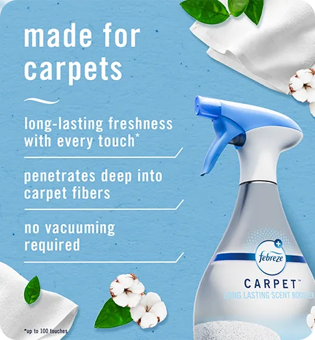 Made for carpets. Long-lasting freshness with every touch, penetrates deep into carpet fibers, no vacuuming required. Carpet crisp cotton multi-benefit