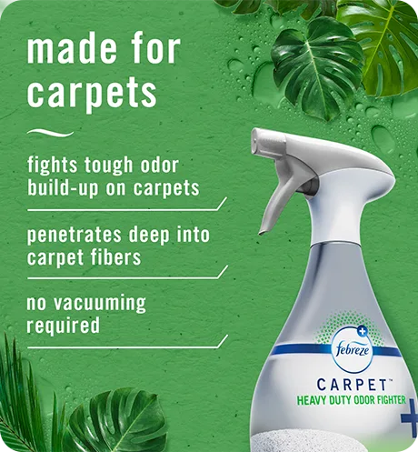 Made for carpets. Fights tough odor build-up on carpets, penetrates deep into carpet, no vacuuming required. Carpet rainforest breeze