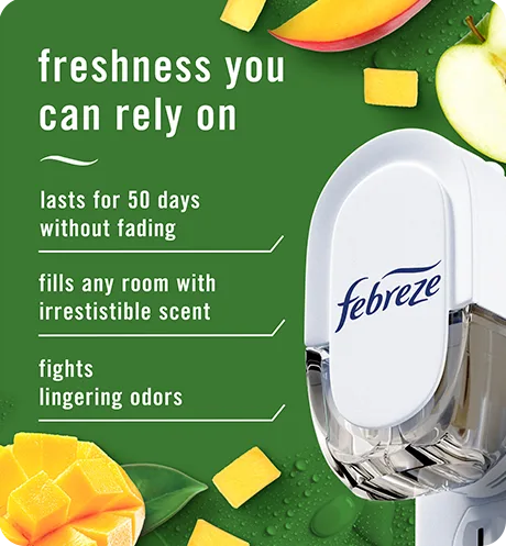 Plug Mango Splash freshness you can rely on. Lasts for 50 days without fading. Fills any room with irresistible scent. Fights lingering odors.