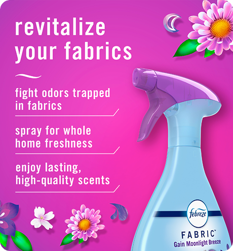 Fabric Gain Moonlight Breeze, revitalize your fabrics: fight odors trapped in fabrics, spray for whole home freshness, enjoy lasting, high-quality scents.