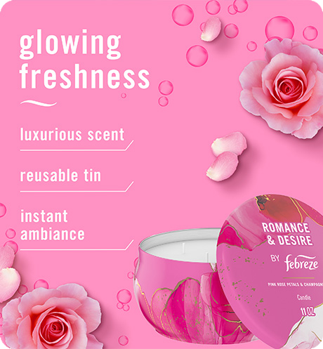 Romance & Desire candle glowing freshness, luxurious scent, reusable tin, instant ambiance