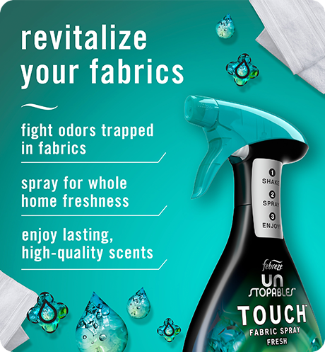 Fabric, revitalize your fabrics: fight odors trapped in fabrics, spray for whole home freshness, enjoy lasting, high-quality scents.