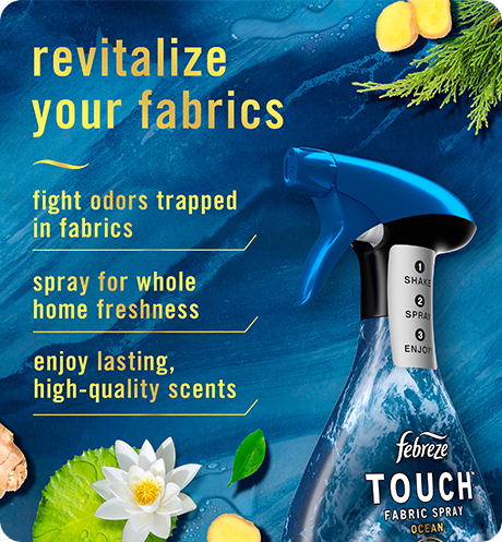 Fabric Ocean, revitalize your fabrics: fight odors trapped in fabrics, spray for whole home freshness, enjoy lasting, high-quality scents.