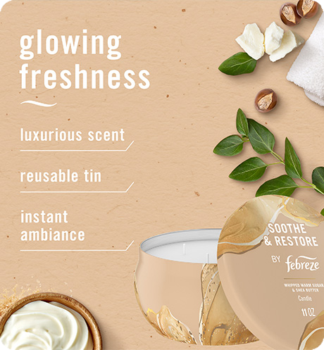 Soothe & Restore candle glowing freshness, luxurious scent, reusable tin, instant ambiance