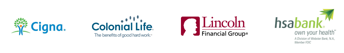 Logos from our benefits partners Cigna, Colonial Life, Lincoln Financial Group, and HSA Bank