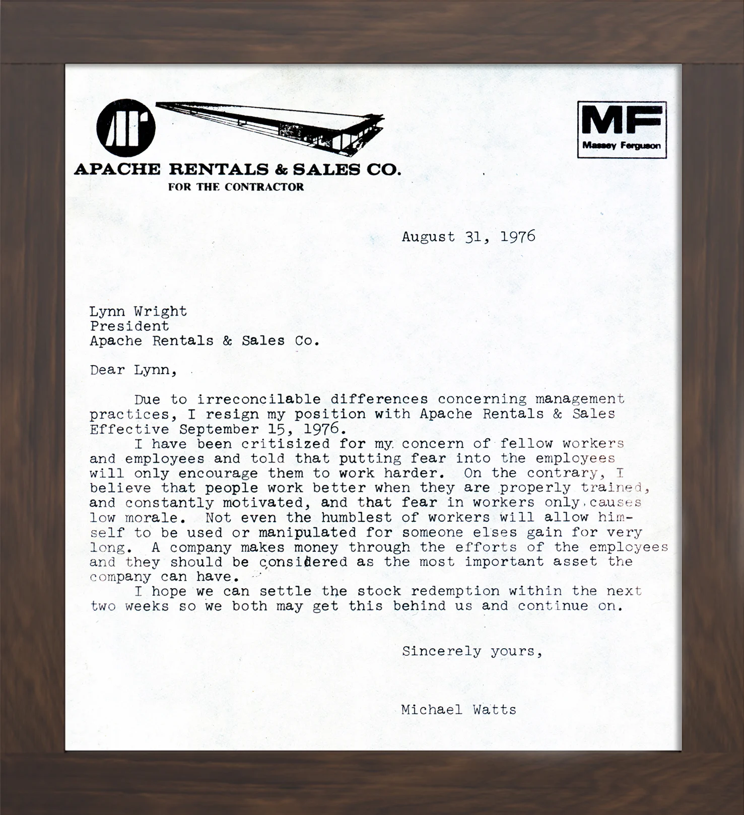 A picture of a letter that Mike Watts gave to Apache Rentals giving his resignation.