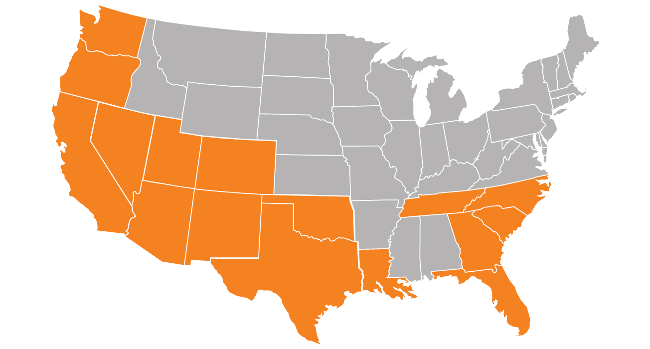 A map of the United States highlighting states in which Sunstate Equipment operates. The highlighted states are Arizona, California, Colorado, Florida, Georgia, Nevada, New Mexico, North Carolina, Oklahoma, Oregon, South Carolina, Tennessee, Texas, Utah, and Washington.