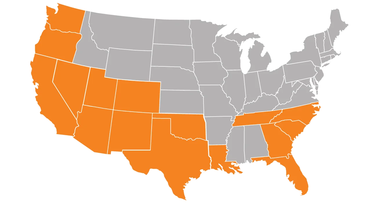 A map of the United States highlighting states in which Sunstate Equipment operates. The highlighted states are Arizona, California, Colorado, Florida, Georgia, Nevada, New Mexico, North Carolina, Oklahoma, Oregon, South Carolina, Tennessee, Texas, Utah, and Washington.