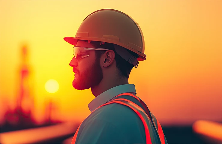 Construction worker looking past the sunset