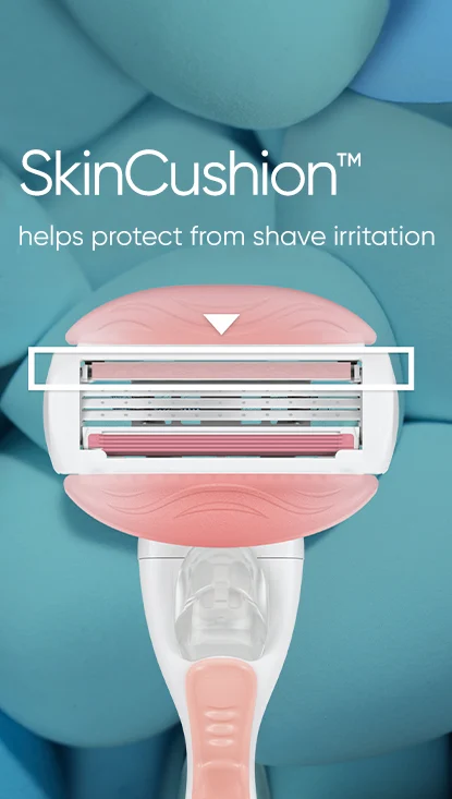صورة ثانوية مع نص: SkinCushion ™ يساعد على الحماية من تهيج الحلاقة