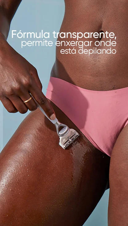 Imagem secundária com texto: 
Fórmula transparente,
permite enxergar onde
está depilando