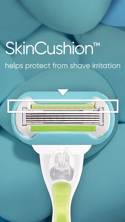 صورة ثانوية مع نص: SkinCushion ™ يساعد على الحماية من تهيج الحلاقة