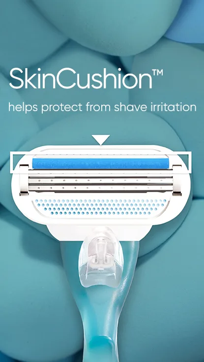 صورة ثانوية مع نص: SkinCushion ™ يساعد على الحماية من تهيج الحلاقة
