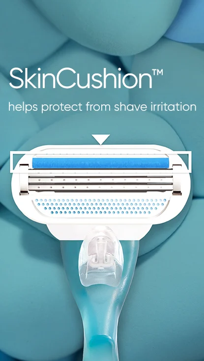 صورة ثانوية مع نص: SkinCushion ™ يساعد على الحماية من تهيج الحلاقة