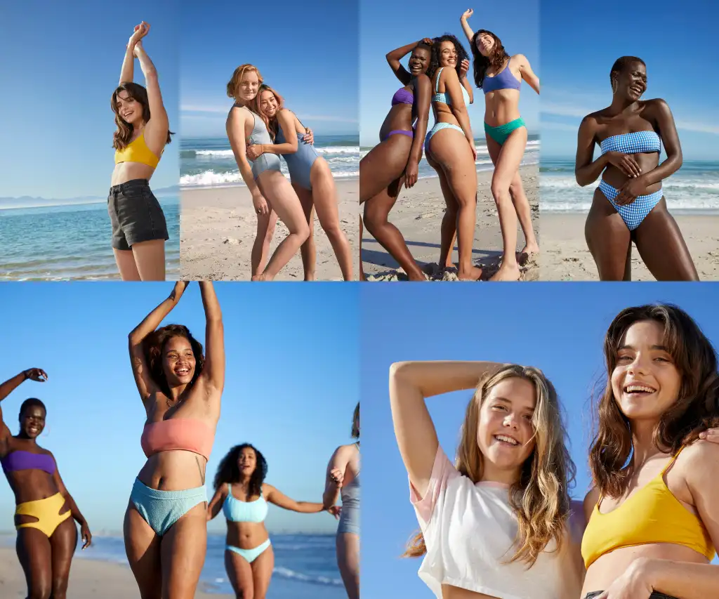 Collage de imágenes con mujeres divirtiéndose en la playa.