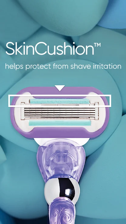 صورة ثانوية مع نص: SkinCushion ™ يساعد على الحماية من تهيج الحلاقة