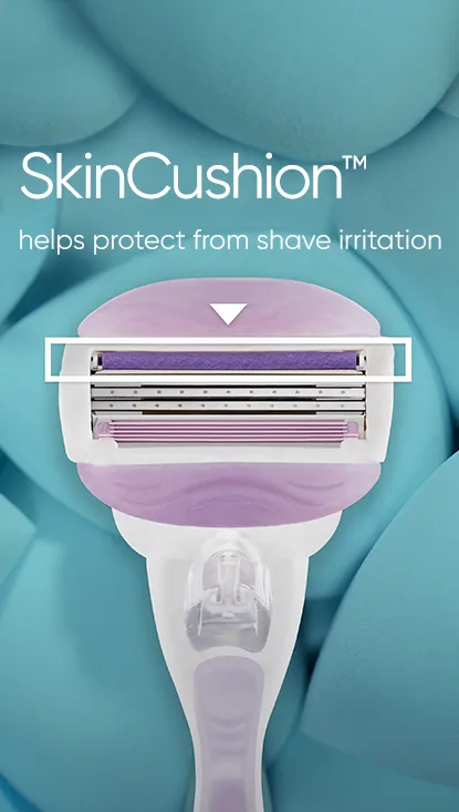 صورة ثانوية مع نص: SkinCushion ™ يساعد على الحماية من تهيج الحلاقة