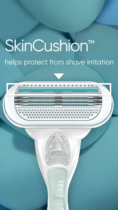 صورة ثانوية مع نص: SkinCushion ™ يساعد على الحماية من تهيج الحلاقة