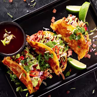 Quorn Tacos with a sauce on the side on a tray