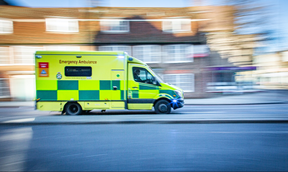 a yellow and blue ambulance