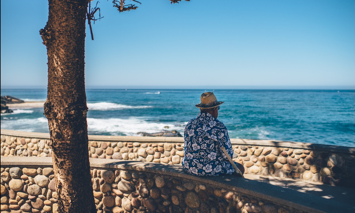 a person sitting on a stone wall overlooking the ocean