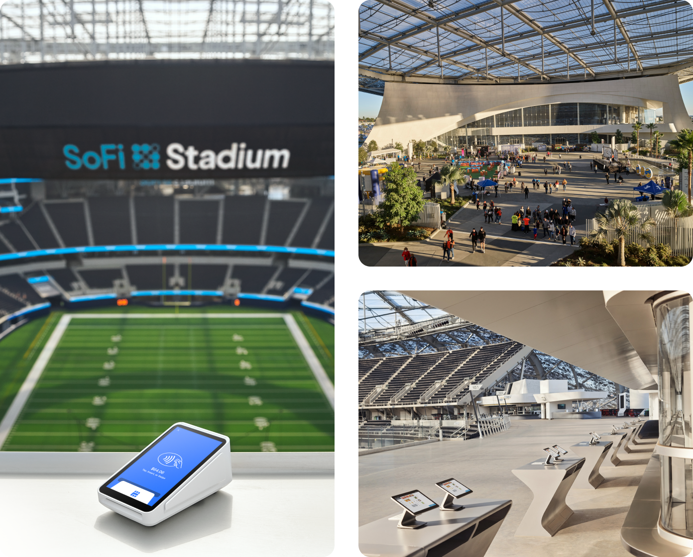 At SoFi stadium showing a Square Terminal, a row of Square Registers, and the inside of the stadium