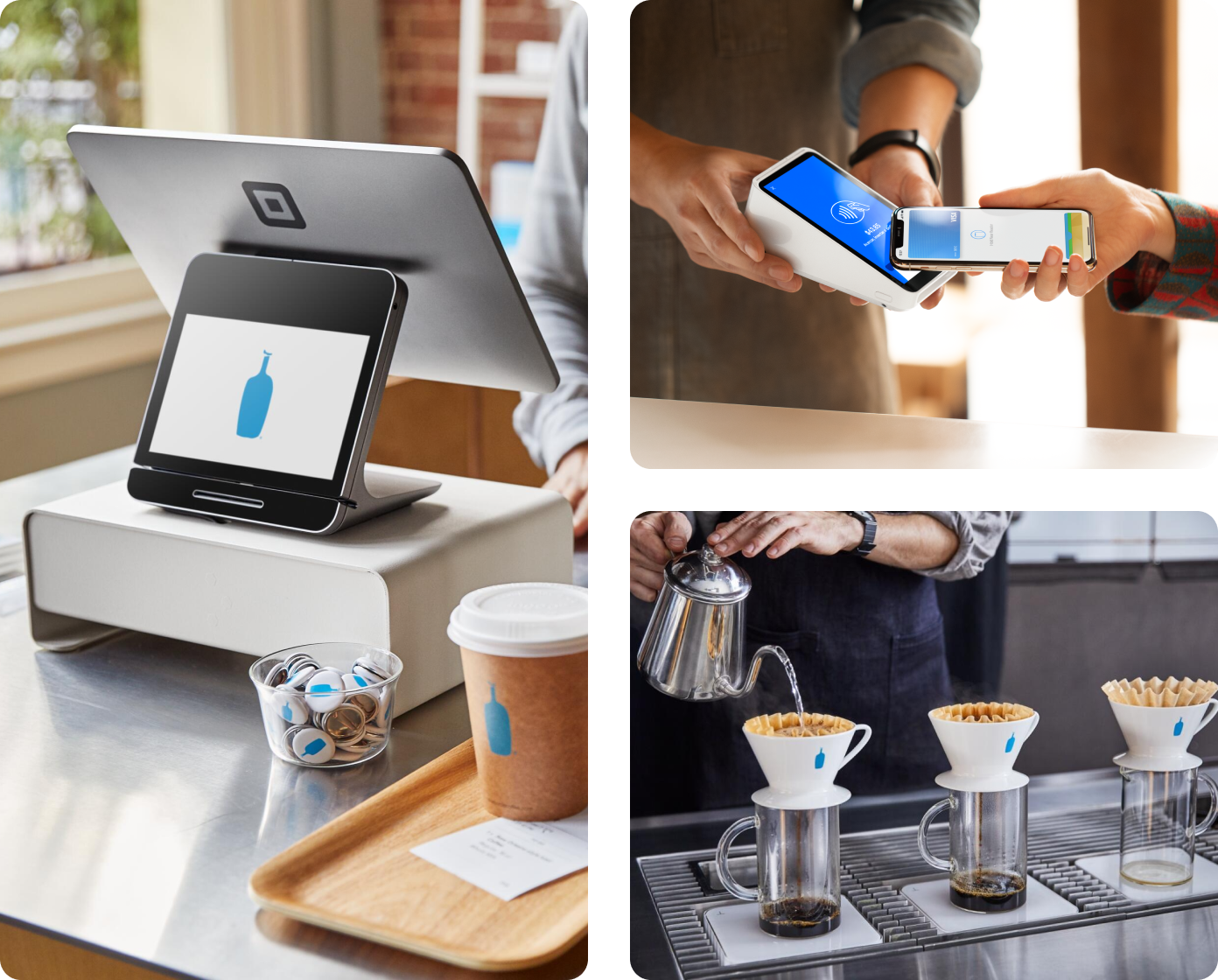 En Blue Bottle Coffee mostrando un Square Register, un pago telefónico sin contacto de Square Terminal y un barista sirviendo café