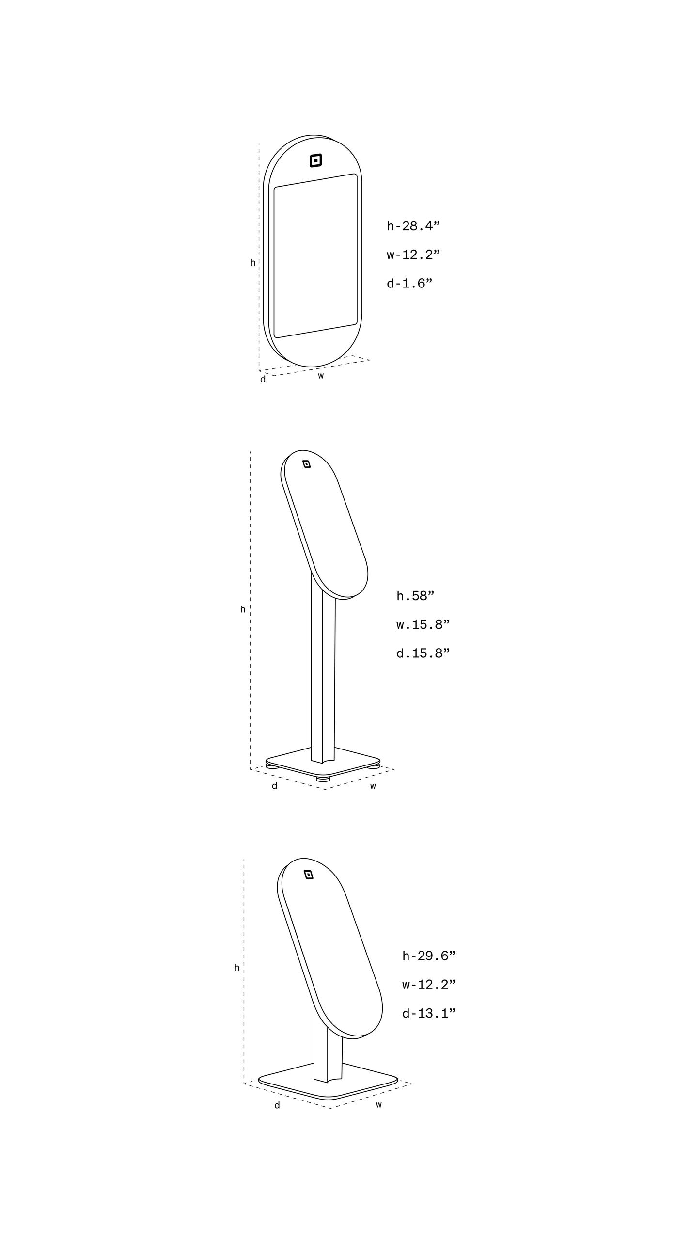 K1 specs page, Dimensions, mobile (base). Kiosk, on floor stand, on countertop stand.