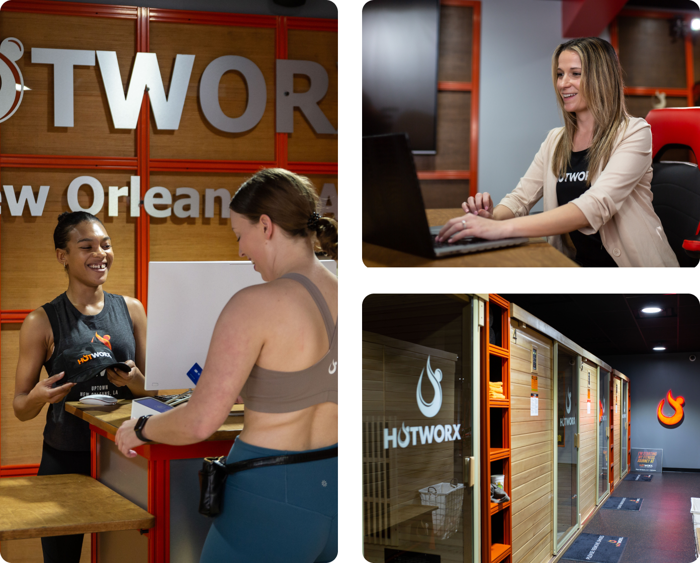 At a HOTWORX gym showing a Square Terminal payment, a business executive on a laptop, and a HOTWORX gym interior