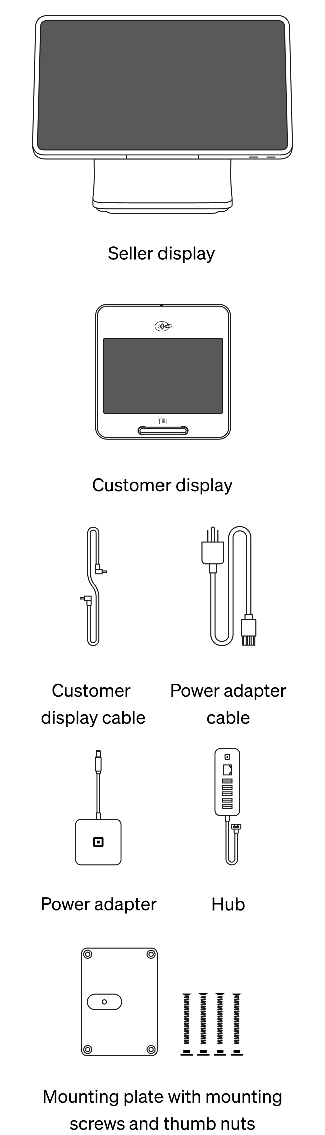 Seller display Customer display Customer display cable Power adapter cable Power adapter Hub Mounting plate with screws and thumb nuts