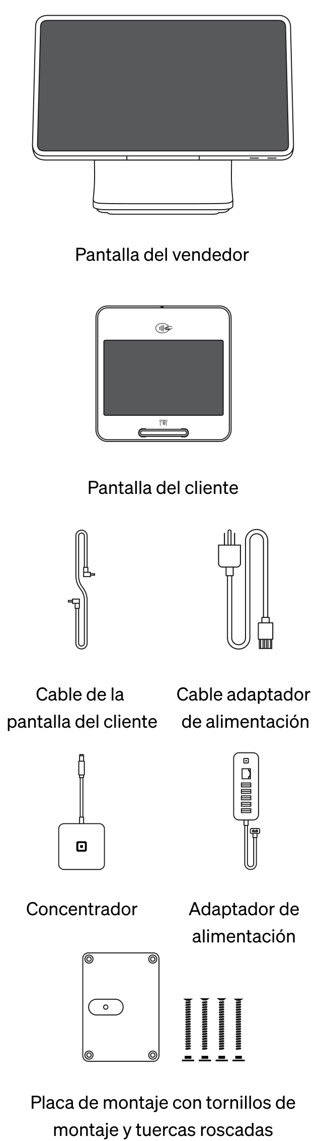 Seller display Customer display Customer display cable Power adapter cable Power adapter Hub Mounting plate with screws and thumb nuts