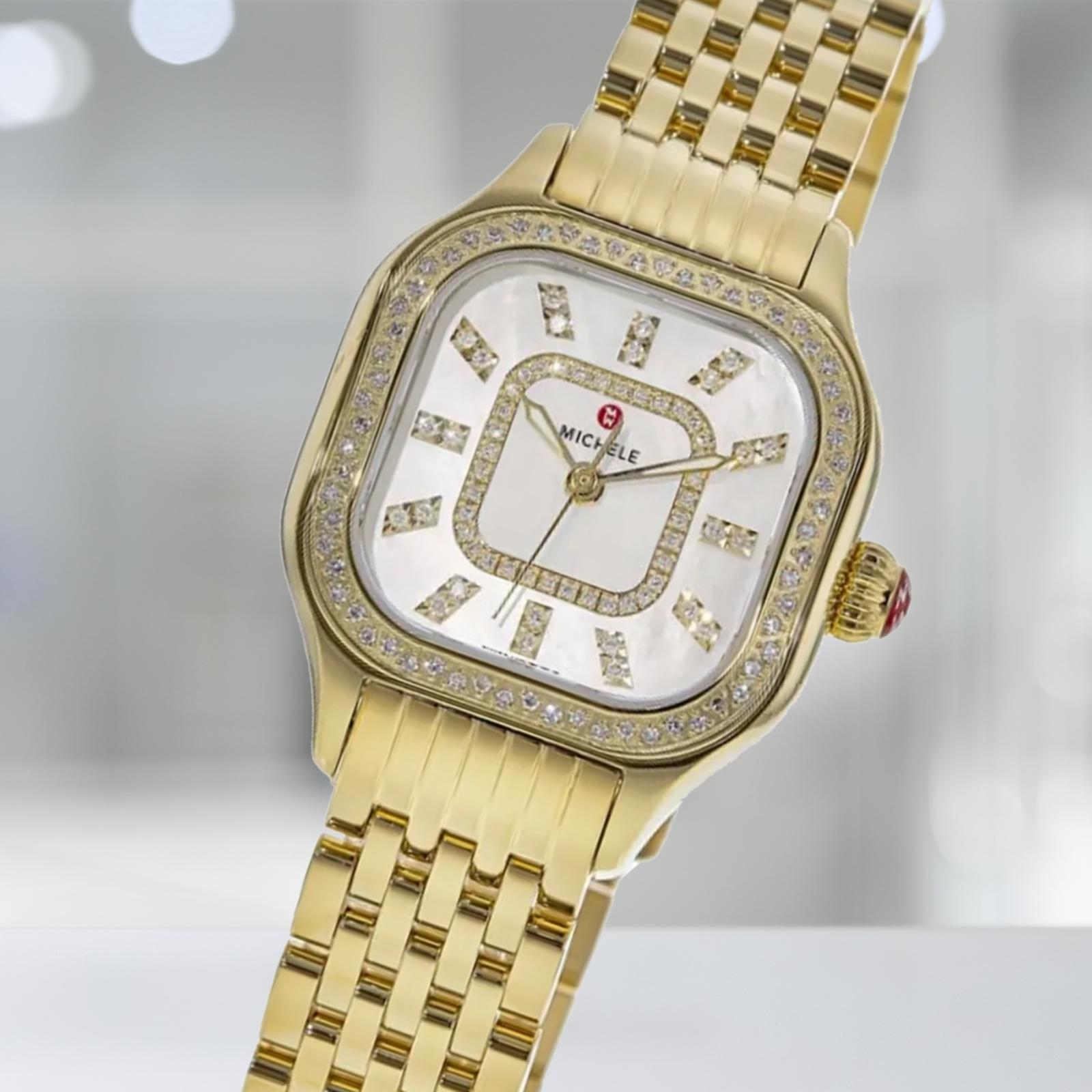 Explore the Michele Meggie Diamond collection. Swiss quartz, diamond bezels, bold design. Built to shine, made to be noticed. Shop now at WatchMaxx.